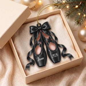 Personalized Ballet Pointe Shoes Christmas Ornament 2026 – Custom Name, Bow & Ribbon Acrylic Keepsake | Ballerina Recital Gift