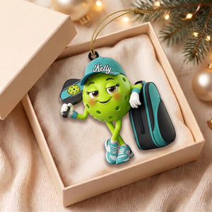 Pickleball Mascot Holding Paddle & Sports Bag Ornament- Personalized Gift for Pickleball Enthusiasts
