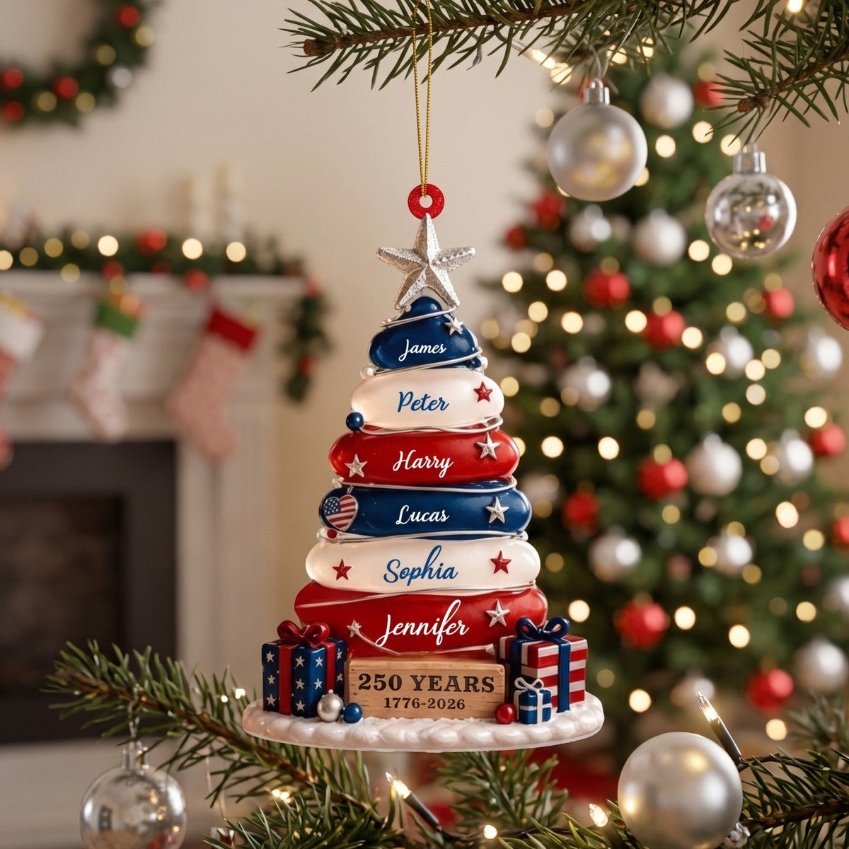 Blue, White & Red Stone Christmas Tree Ornament - Family Personalized Gift For USA 250th Anniversary