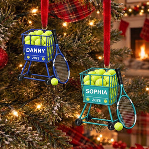 Personalized Tennis Ball Cart Christmas Ornament – Custom Name 2026 | Acrylic Keepsake Gift For Tennis Coach & Player