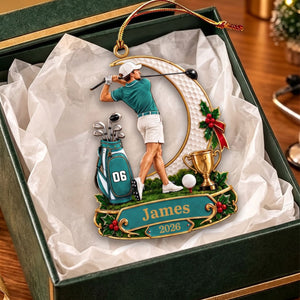 Personalized Male Golfer Christmas Ornament 2026 โ Custom Name & Number Acrylic Keepsake | Golf Gift For Him
