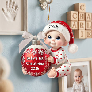 Baby Holding Christmas Bauble โ Baby's 1st Christmas Personalized Ornament