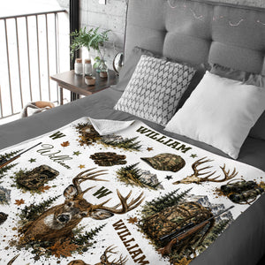 Personalized Hunting Blanket, Custom Deer Hunting Blanket with Name, Camo Hunter Throw Blanket, Outdoor Cabin Decor, Gift for Hunter Him
