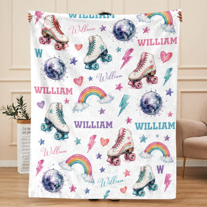 Personalized Roller Skate Blanket, Custom Name Roller Disco Throw Blanket, Retro Rainbow & Disco Ball Kids Blanket, Girl Bedroom Decor, Skate Gift