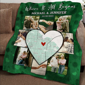 Custom Picture Collage Blanket With Location Map, Personalized Where It All Began Gift, Blankets For Couples