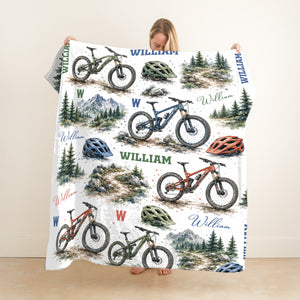 Personalized Mountain Bike Blanket, Custom Name MTB Blanket for Kids Boy Men