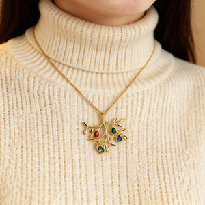Personalized Family Tree Necklace: Initial Leaf Charms, Birthstone Jewelry