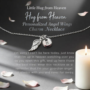 Hug from Heaven Personalized Angel Wings Charm Necklace, Custom Initial Necklace, Sympathy Condolence Gift