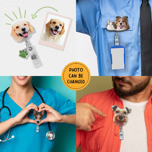 Personalized Pet Portrait Badge Reel with Glitter Paw Charm Gift for Pet Lover