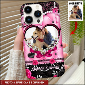 Black Pink Heart Photo And Name - Personalized Phone Case, Gift For Pet Lover, Gift For Family