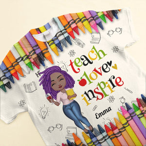 Personalized Colorful Crayon Teach Love Inspire Cute Pretty Doll Teacher 3D T-shirt