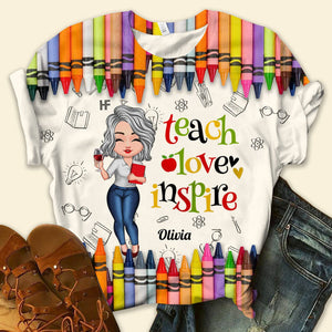 Personalized Colorful Crayon Teach Love Inspire Cute Pretty Doll Teacher 3D T-shirt