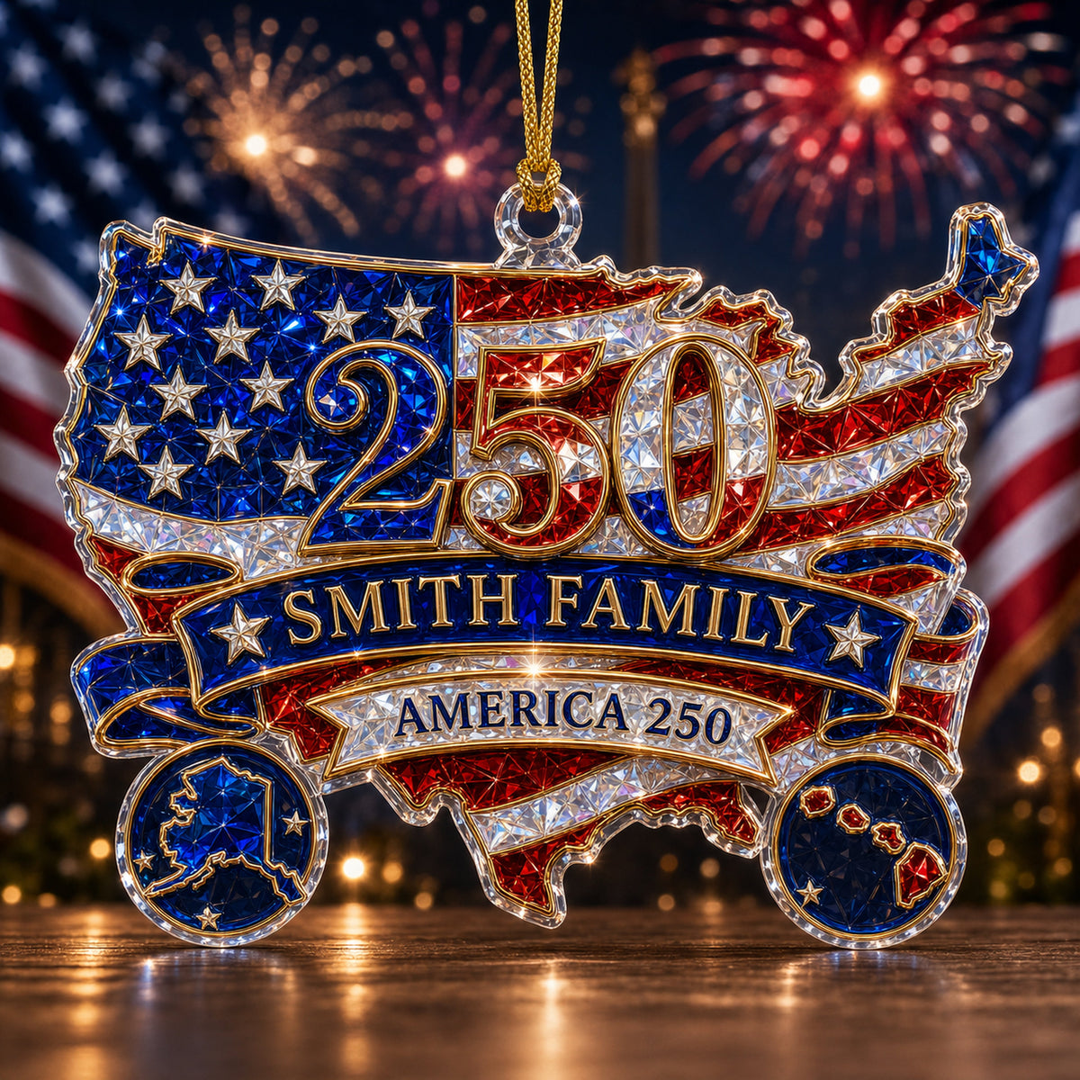 Patriotic America 250th Anniversary Ornament – Personalized Custom Family Name Christmas Keepsake