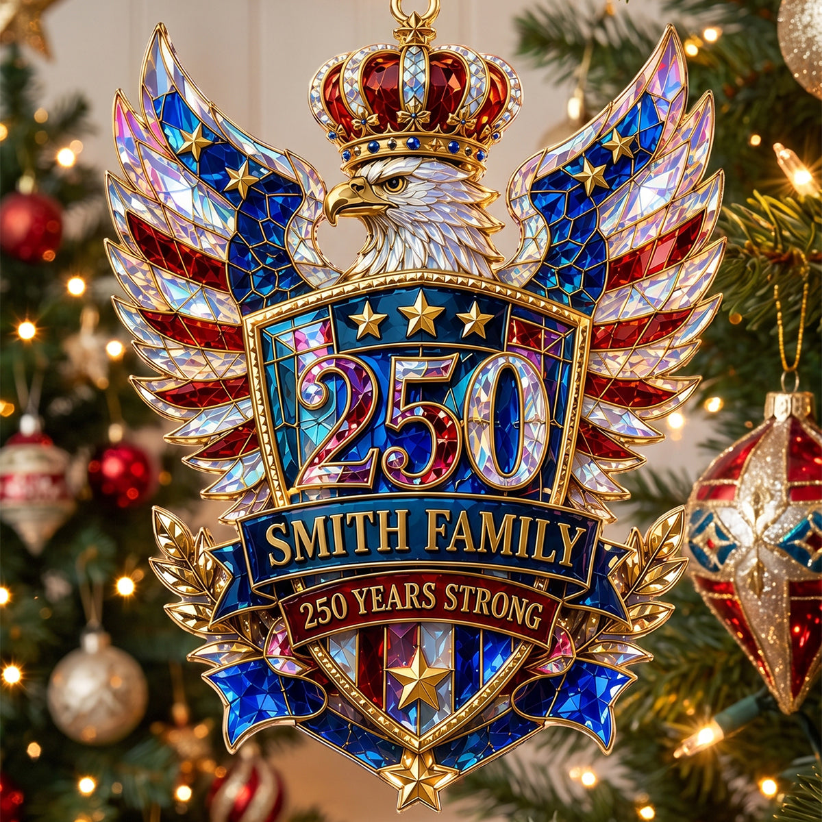 Personalized Eagle Crest Family Acrylic Hanging Ornament – America 250th Years Strong Stained Keepsake Decor