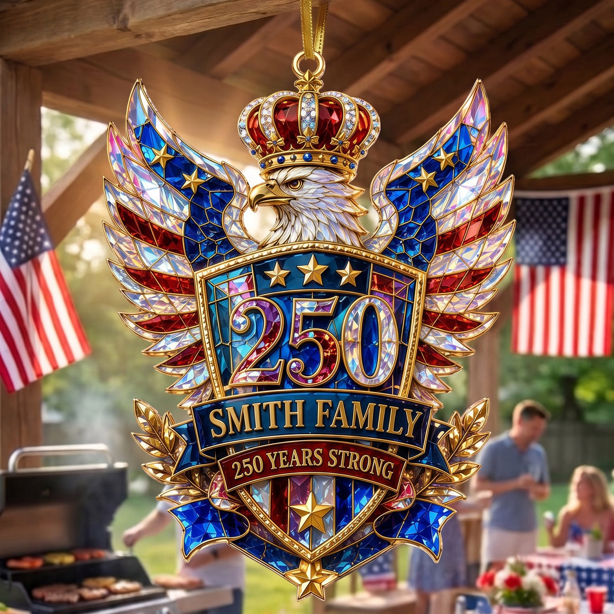Personalized Eagle Crest Family Acrylic Hanging Ornament – America 250th Years Strong Stained Keepsake Decor