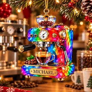 Stained Glass Effect Espresso Machine Custom Name Acrylic Ornament, Gift for Coffee Lover Barista