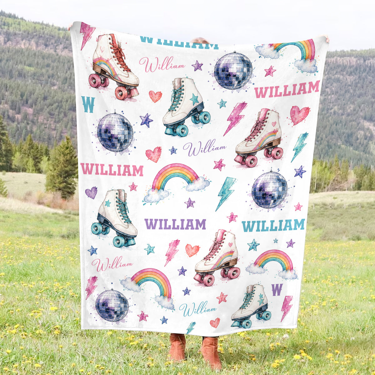 Personalized Roller Skate Blanket, Custom Name Roller Disco Throw Blanket, Retro Rainbow & Disco Ball Kids Blanket, Girl Bedroom Decor, Skate Gift