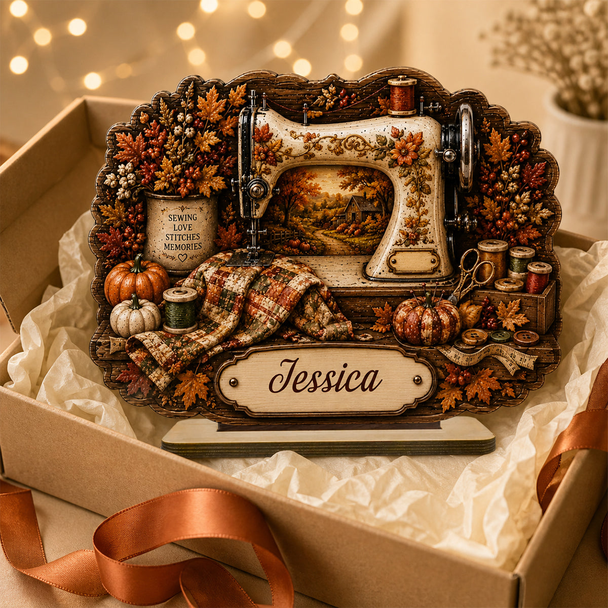 Personalized Sewing Machine Fall Season Wooden Plaque,Custom Name Gift For A Tailor