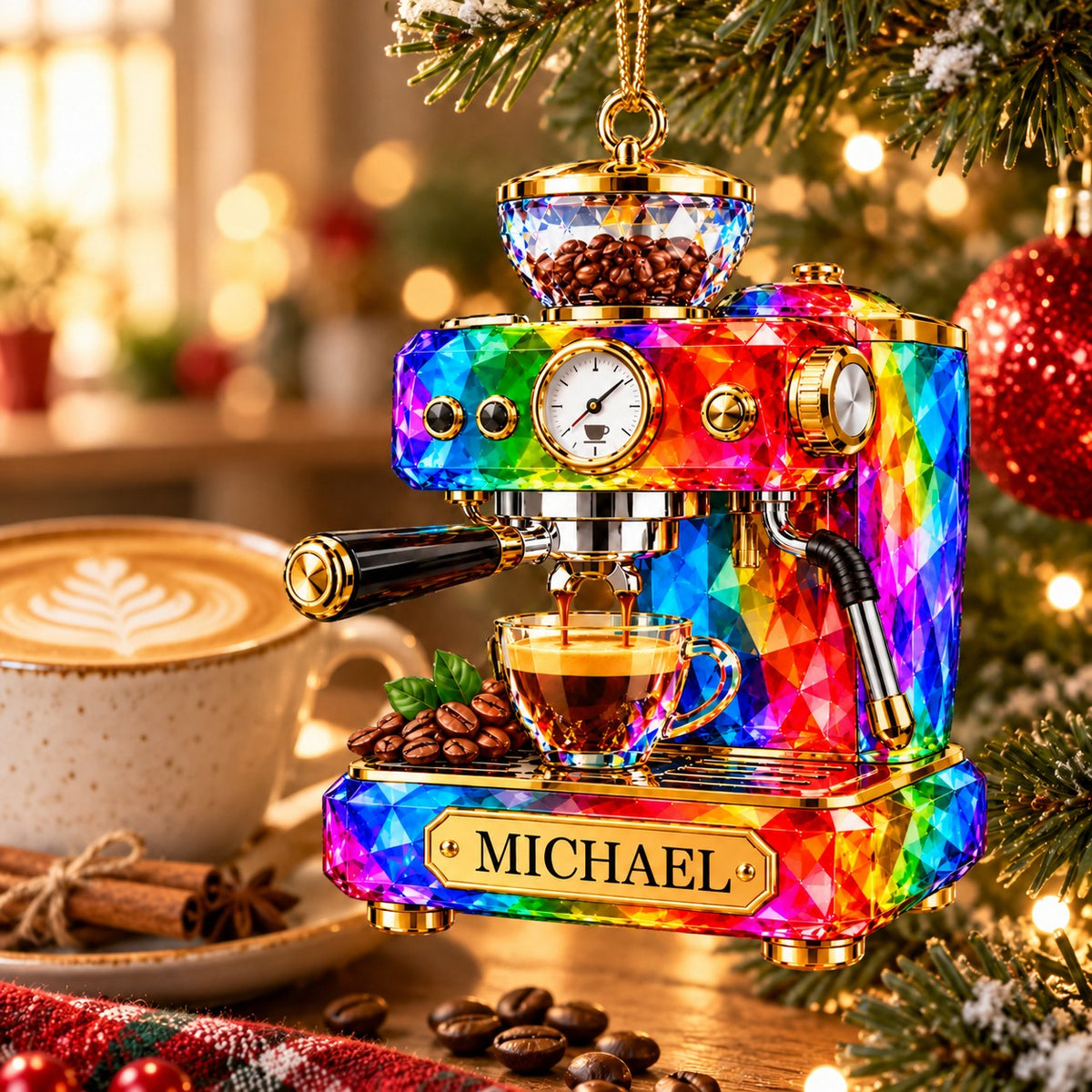 Stained Glass Effect Espresso Machine Custom Name Acrylic Ornament, Gift for Coffee Lover Barista