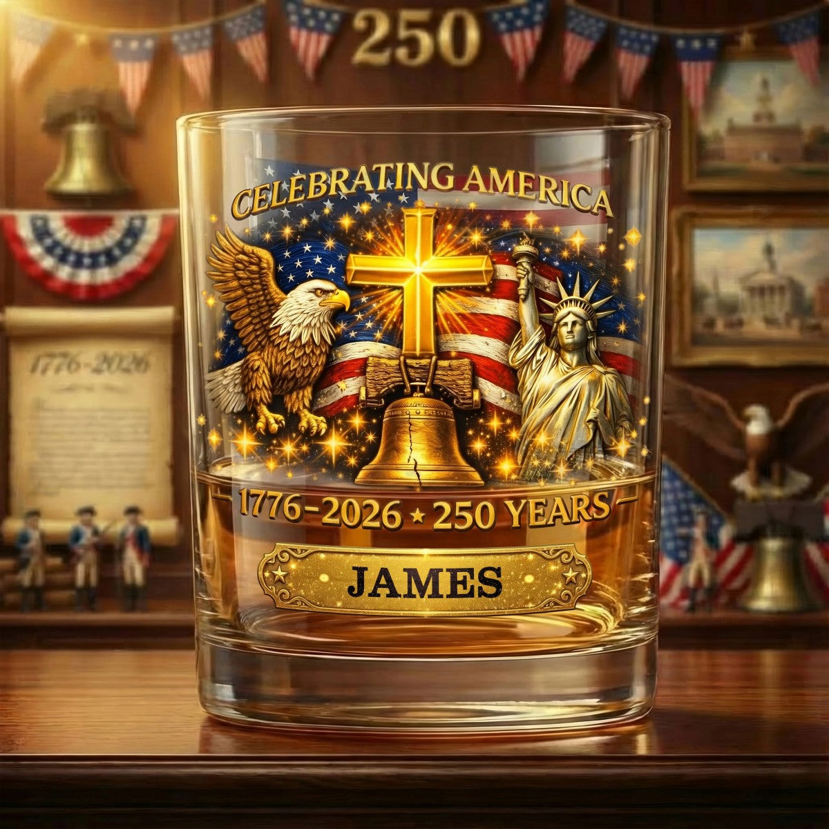 Celebrating America 1776-2026 250 Years Theme Personalized Whiskey Glass