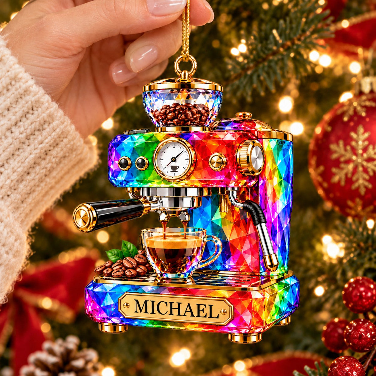 Stained Glass Effect Espresso Machine Custom Name Acrylic Ornament, Gift for Coffee Lover Barista