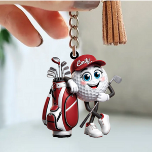 Holding Golf Club Golf Ball Keychain - Personalized Golf Mascot Keychain Gift for Male & Female Golfer