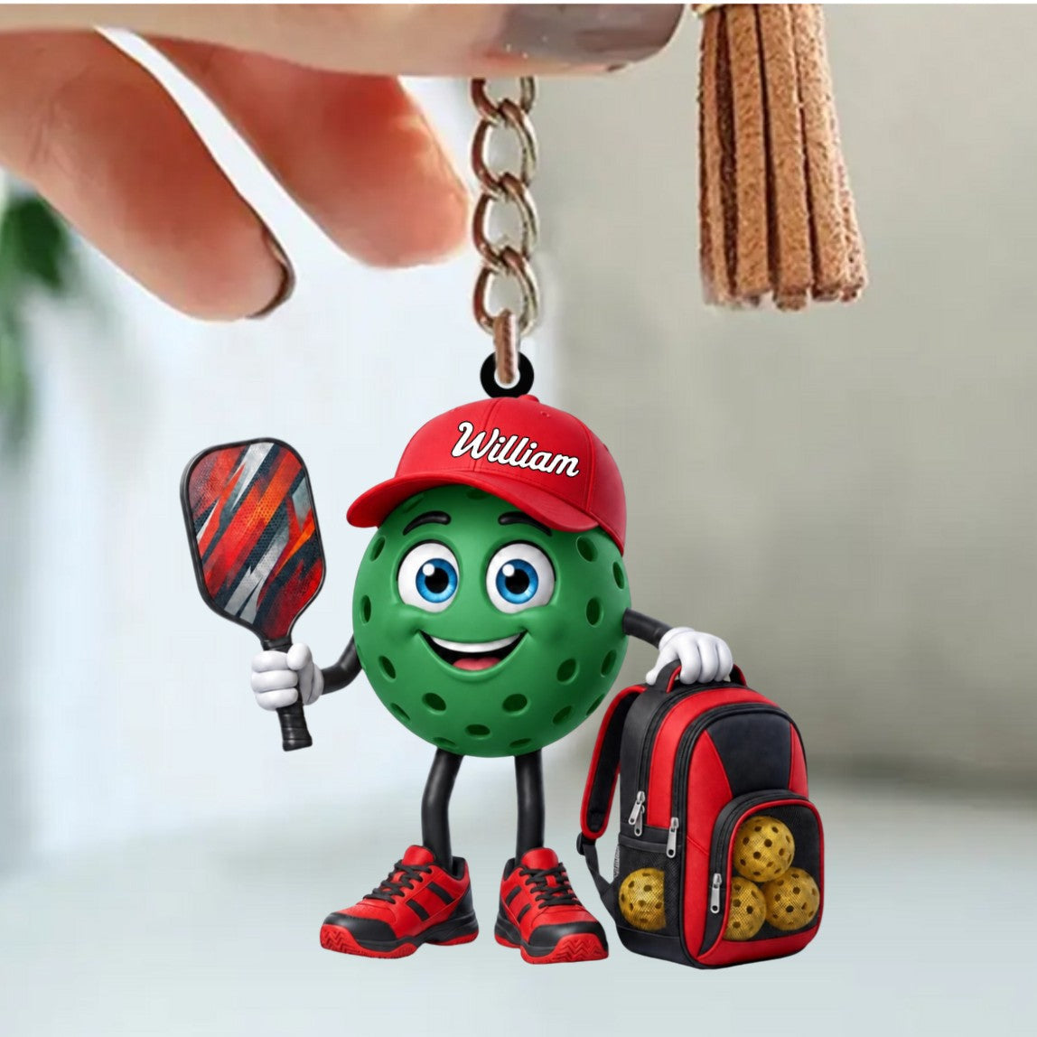 Holding Pickleball Paddle Keychain - Personalized Pickleball Mascot Keychain Gift for Male & Female Pickleball Player