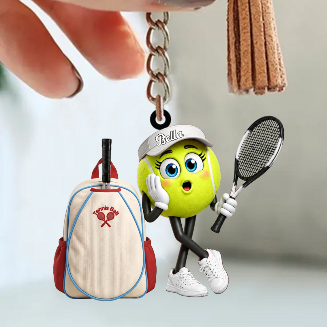 Surprised Tennis Ball Mascot Personalized Male & Female Tennis Keychain