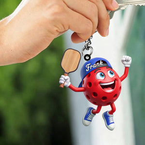 Cheering Jumping Personalized Cute Pickleball Ball Mascot Keychain