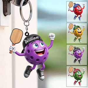 Cheering Jumping Personalized Cute Pickleball Ball Mascot Keychain