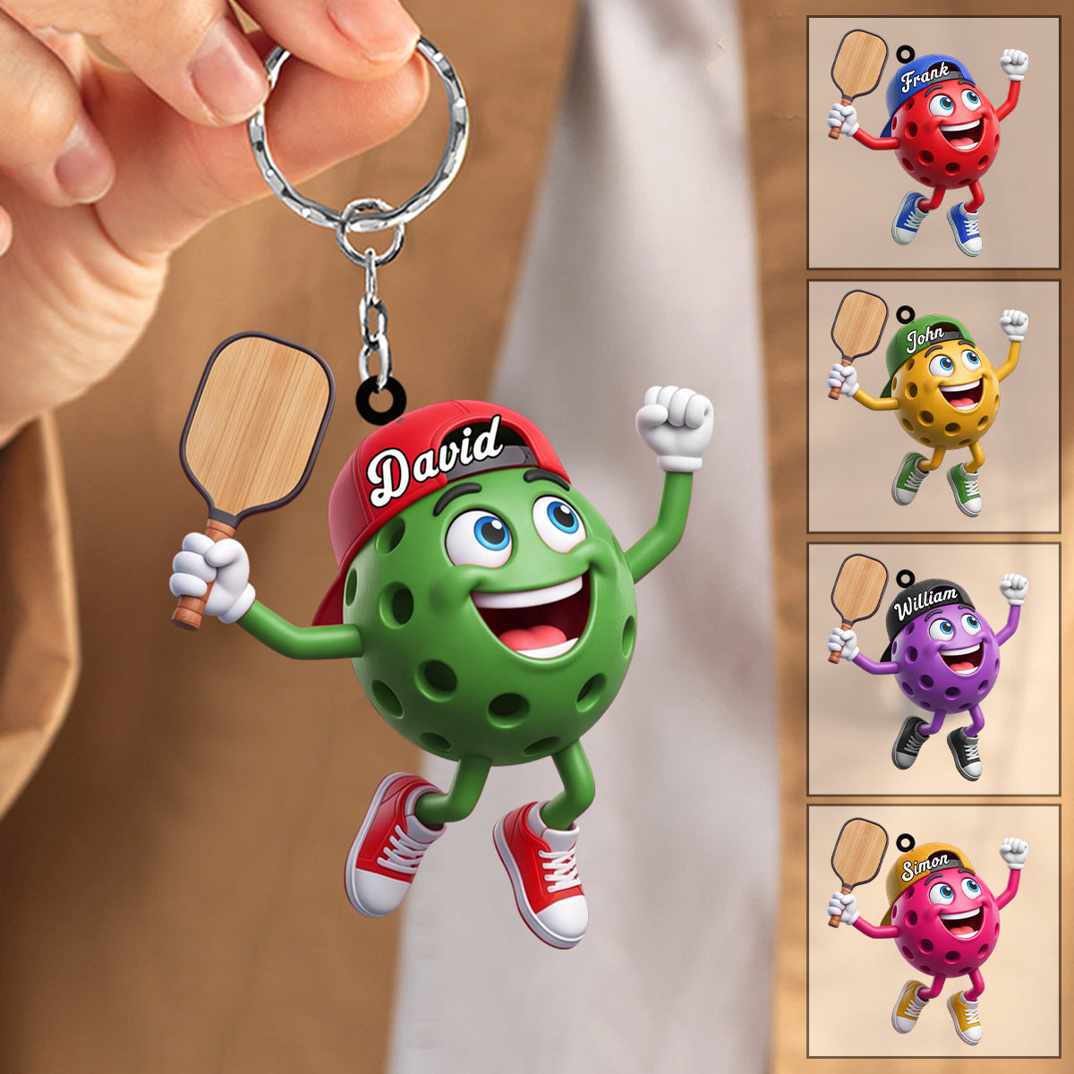 Cheering Jumping Personalized Cute Pickleball Ball Mascot Keychain