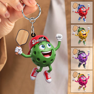 Cheering Jumping Personalized Cute Pickleball Ball Mascot Keychain