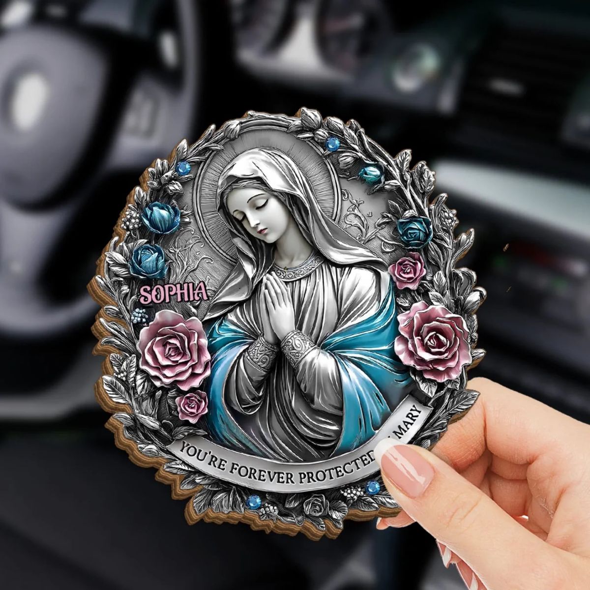 You're Forever Protected By Mary - Memorial Personalized Custom Car Visor Clip