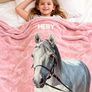Personalized Painted Horse Photo Horseshoe Blanket with Name,Home Decor,Birthday Gifts for Horse Lovers Family Friends