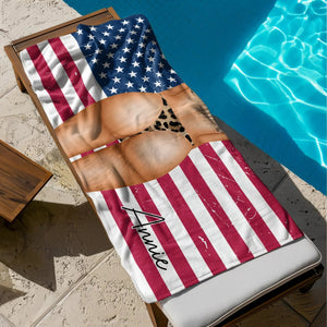 Personalized Beach Towel – Woman At Sunlit Beach With American Flag | Unique Gift For Her