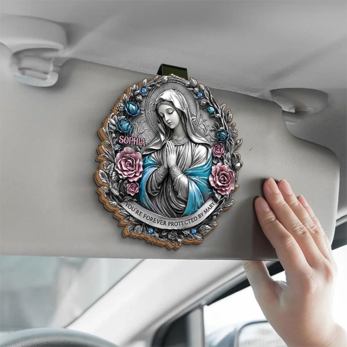You're Forever Protected By Mary - Memorial Personalized Custom Car Visor Clip