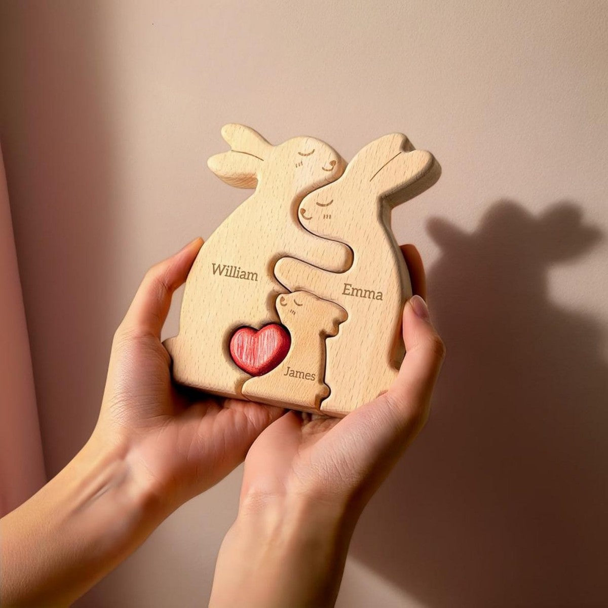 Wooden Rabbit Family Puzzle With Heart - Personalized Puzzle for Family