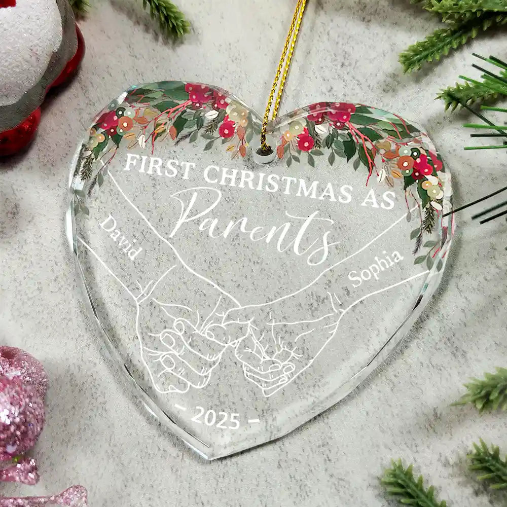Holding Hands First Christmas Couple - Personalized Circle & Heart Glass Ornament