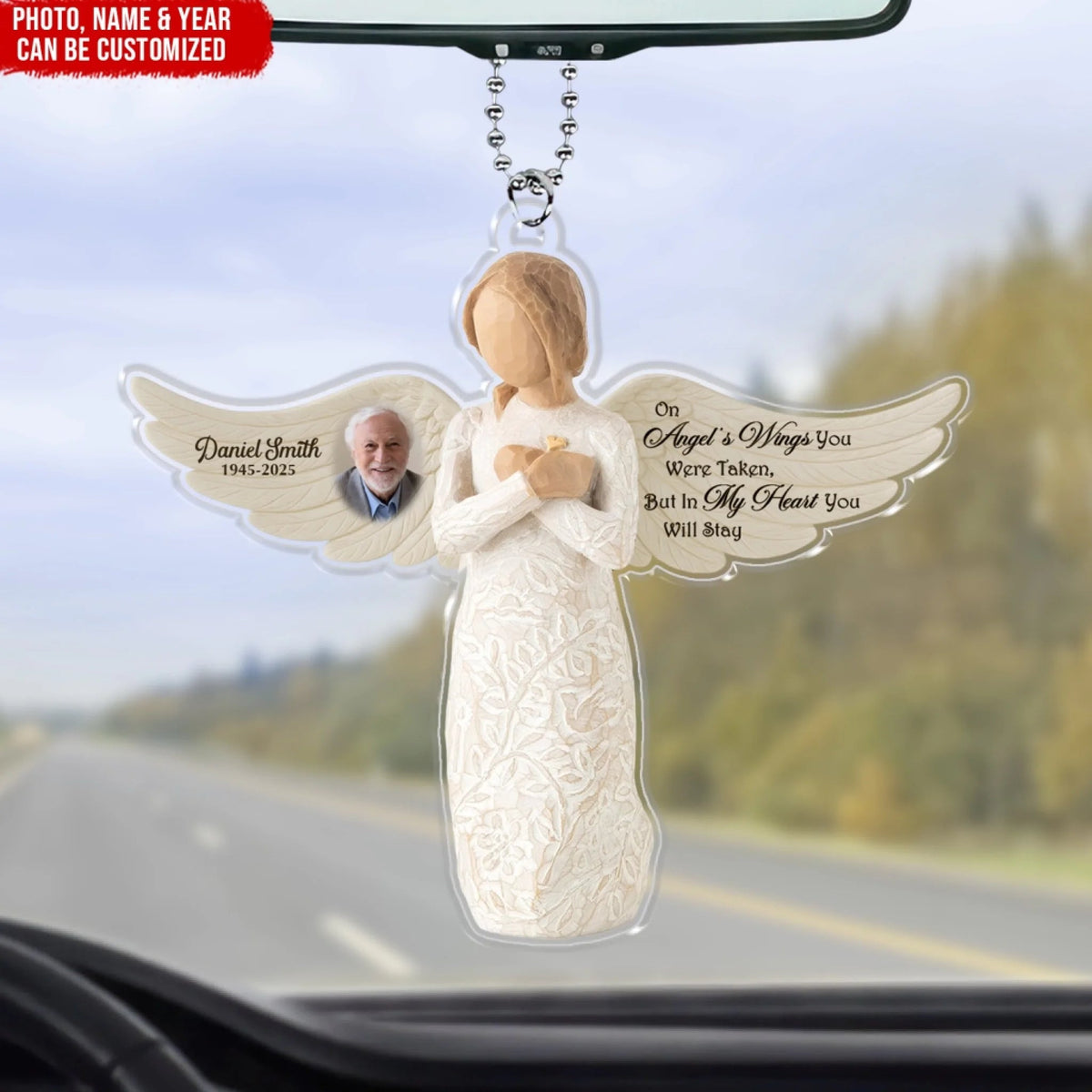 On Angel's Wings You Were Taken, But In My Heart You Will Stay - Personalized Acrylic Car Hanger, Remembrance Angel, Memorial Gift