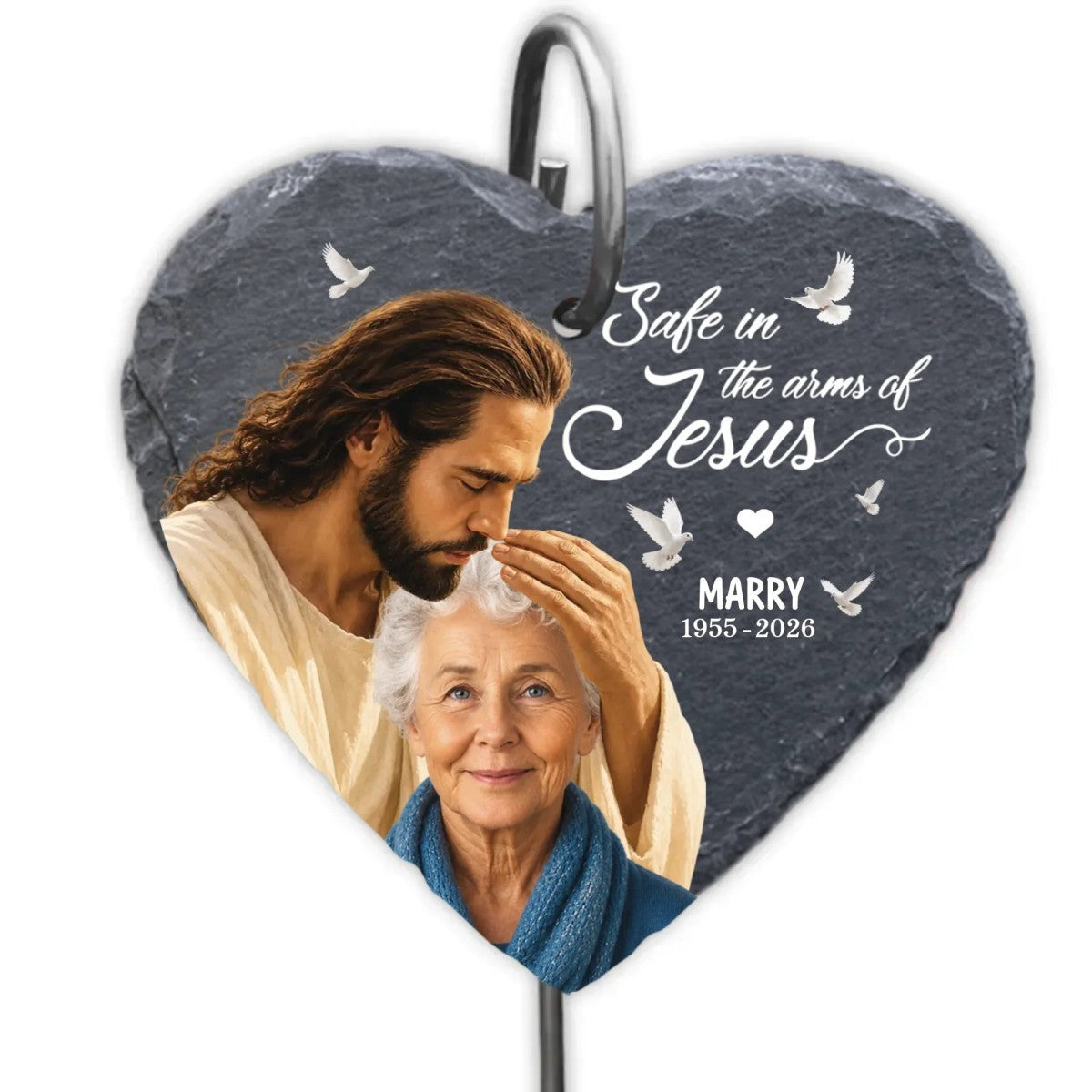 Safe In The Arms Of Jesus - Upload Image Personalized Memorial Garden Slate & Hook
