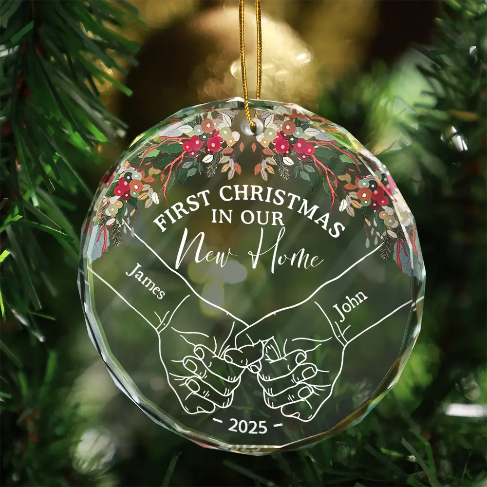 Holding Hands First Christmas Couple - Personalized Circle & Heart Glass Ornament