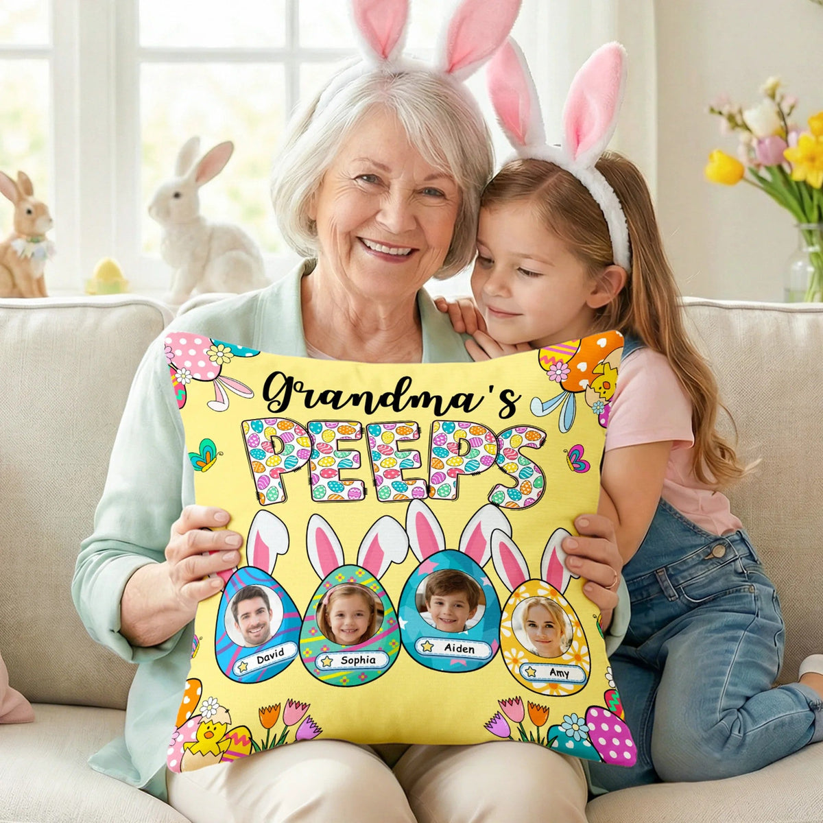 Grandma's Bunnies Ears Easter Eggs Photo Soft Throw Pillow Cover with Name - Personalized Pillow