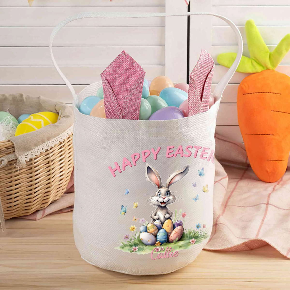 Personalized Cute Bunny Easter Basket with Name Party Decoration Easter Gift for Boys Girls