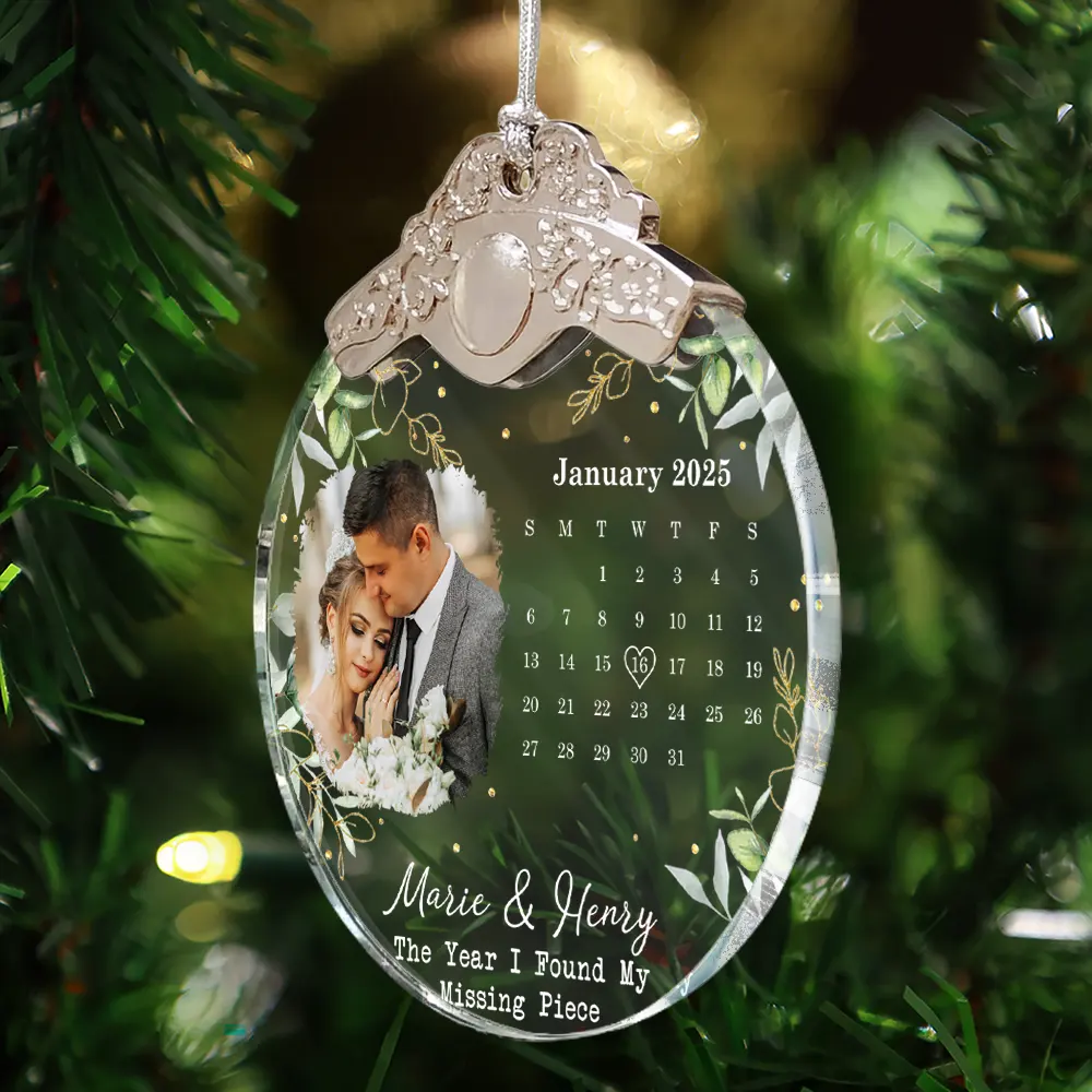 Custom Photo Calendar Married Engaged Wedding Gift - Personalized Glass Ornament With Silver Cap