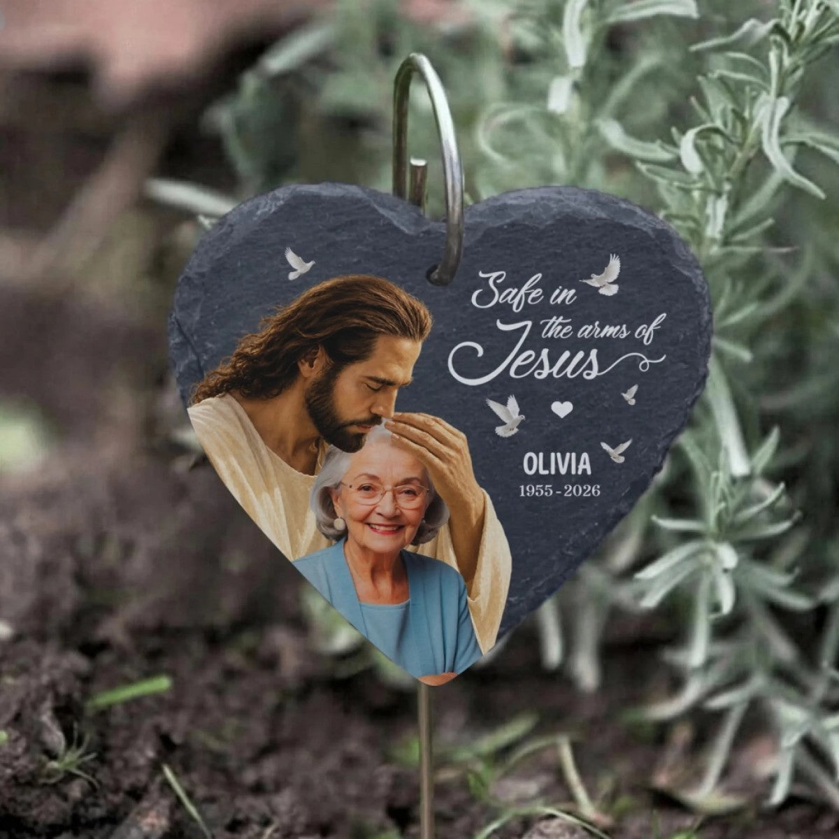 Safe In The Arms Of Jesus - Upload Image Personalized Memorial Garden Slate & Hook