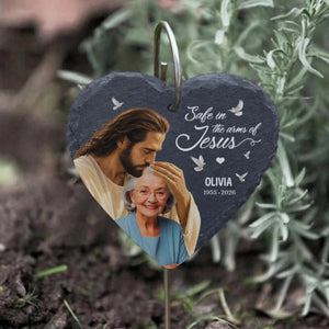 Safe In The Arms Of Jesus - Upload Image Personalized Memorial Garden Slate & Hook