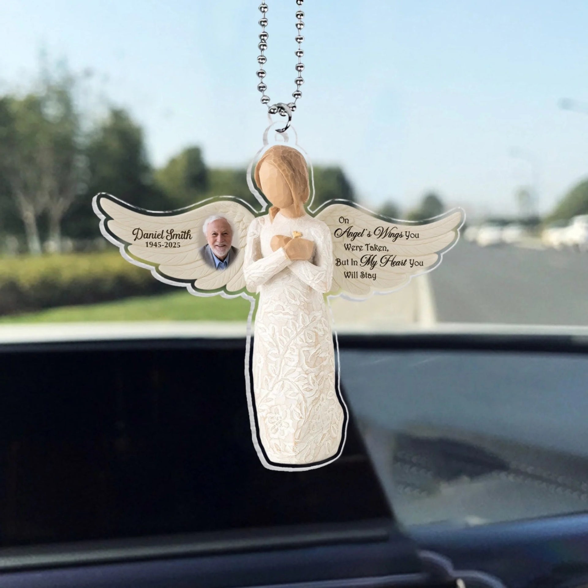 On Angel's Wings You Were Taken, But In My Heart You Will Stay - Personalized Acrylic Car Hanger, Remembrance Angel, Memorial Gift