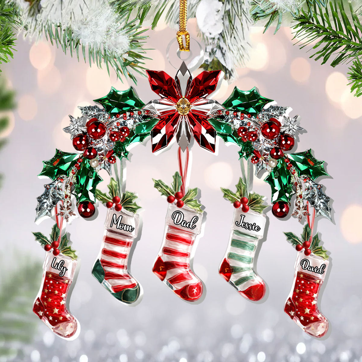 Festive Crystal Stockings Family - Personalized 1-Layer Acrylic Ornament