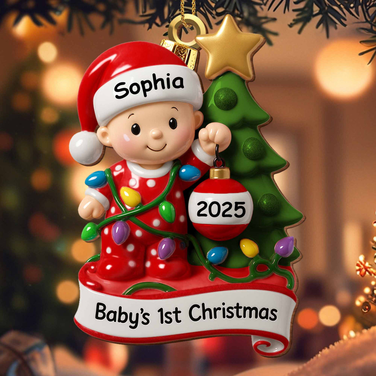Baby's 1st Christmas With Festive Tree And Lights, Personalized Wood Ornament