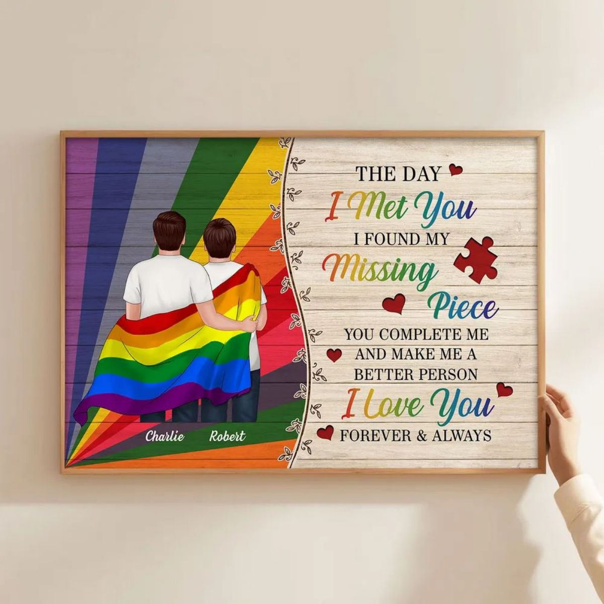 Colorful Wood Pallets The Day I Met You LGBTQ Couple Hugging Flag Personalized Poster, Pride Month Gift